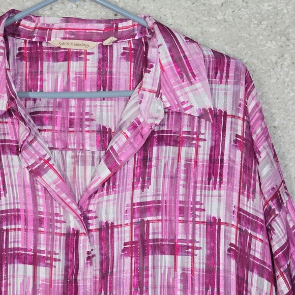 Soft Surroundings Shirt Womens XL Pink‎ White Button Up Long Sleeve Artsy Sheer - Picture 3 of 14